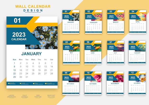 Stilvolle designvorlage für den kalender des neuen jahres 2023