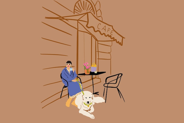 Stilvolle Frau mit ihrem Hund im Café auf Straßenvektorillustration