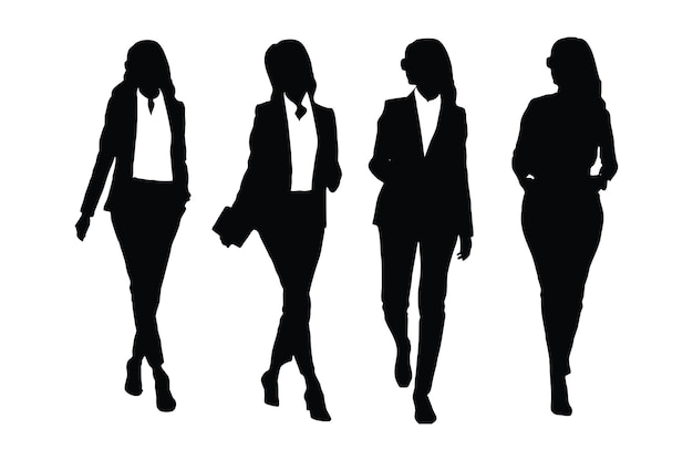 Stilvolle Frauensilhouette in Anzügen und in verschiedenen Positionen stehend. Anonymes Mädchenmodellbündel in offiziellen Kleidern. Moderne Geschäftsfrau-Silhouettenkollektion auf weißem Hintergrund
