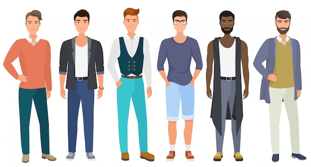Stilvolle männer gekleidet in männerkleidung der modernen freizeitmode. cartoon flach.