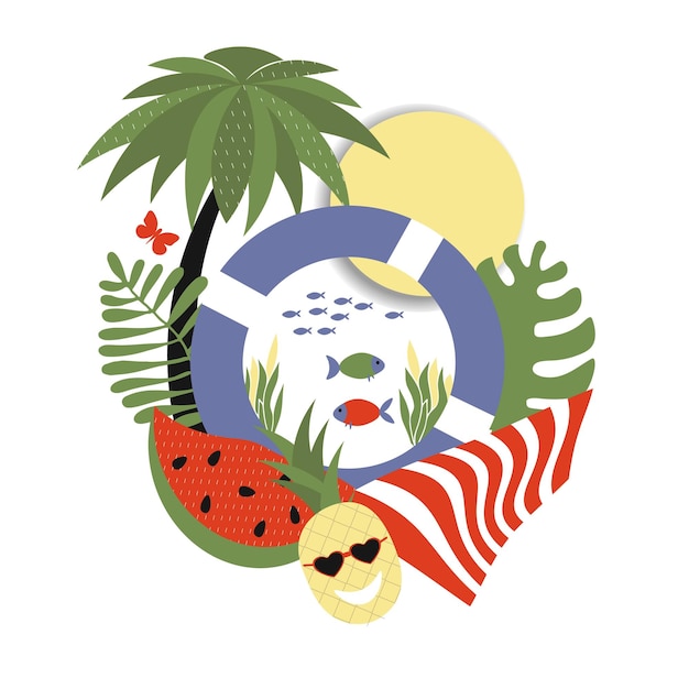 Stilvolle trendige Illustration auf einer Sommerthema-Vektoraufkleberzusammensetzung der Sommerattribute Ananas- und Wassermelonen-Rettungsring und Palmen-Sommerferien-Thema