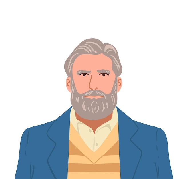 Vektor stilvoller älterer gutaussehender mann mit bart und grauem haar in jacke glückliche menschen avatare kopfporträt