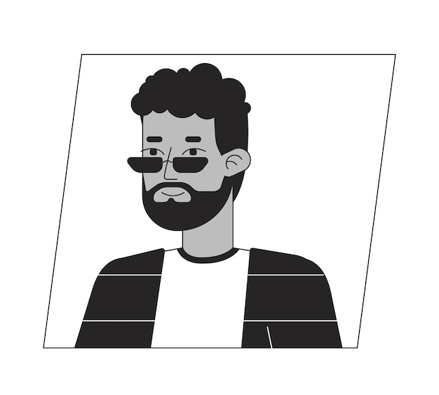 Stilvoller mann mit sonnenbrille, schwarz-weißes cartoon-avatar-symbol, afroamerikanischer mann, editierbares 2d-charakter-benutzerporträt, lineare flache illustration, vektor-gesichtsprofil, umriss von kopf und schultern einer person