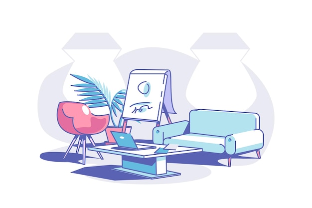 Stilvolles bürodesign-vektorillustration bequemes sofa und couchtisch mit modernem laptop