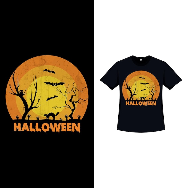 Stilvolles halloween-t-shirt-design in retro-farbe mit toten bäumen, fledermäusen, einer katze und grabsteinen gruseliges halloween-t-shirt-design mit vintage-farbe und kalligrafie gruseliges modedesign für halloween