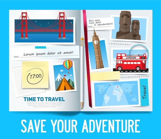 Vektor stilvolles reisebanner mit geöffnetem album, fotos, notizen und aufklebern. reisebanner-konzept.