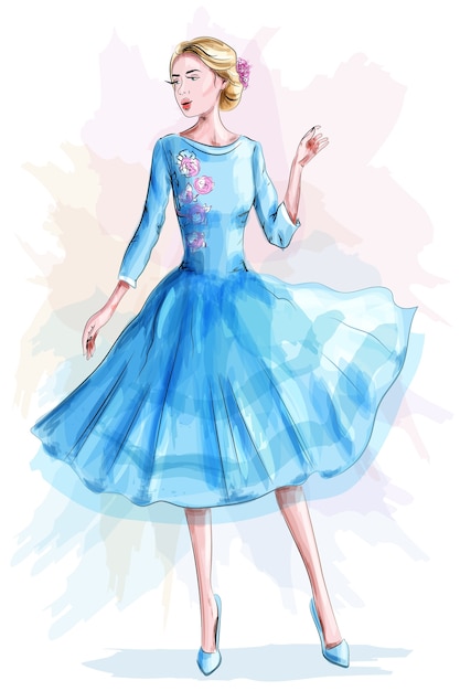 Stilvolles schönes mädchen im blauen kleid
