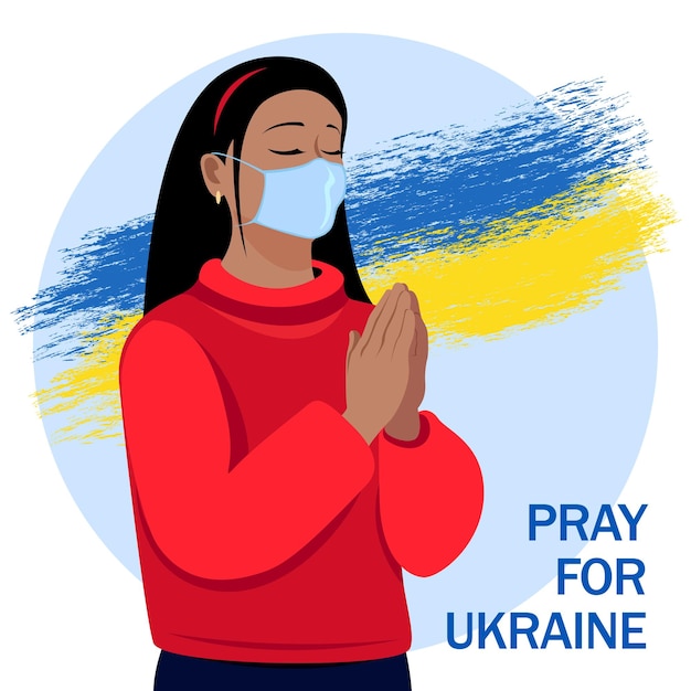 Stoppe den Krieg. Eine betende Frau vor dem Hintergrund der ukrainischen Flagge. Banner zur Unterstützung