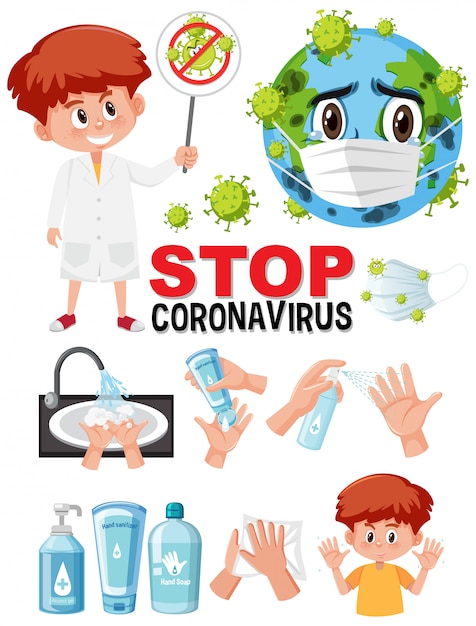 Stoppen sie das coronavirus-textzeichen mit der hand, indem sie desinfektionsmittel verwenden