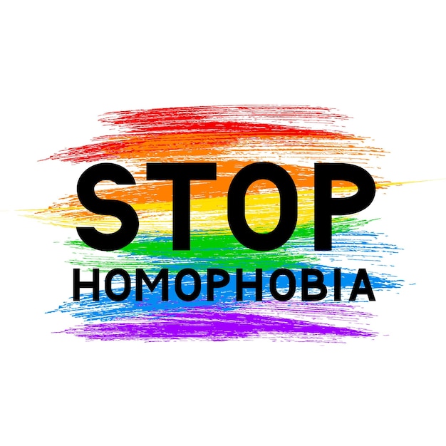 Stoppen sie den homophobie-schriftzug auf der lgbt-community-flagge symbol des schwulen stolzes grunge-pinselstriche texturieren die farben des regenbogens internationaler tag gegen homophobie-vektorillustration