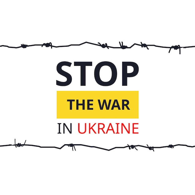 Stoppen sie den krieg in der ukraine inschrift mit gefängnis stacheldraht auf weißem hintergrund