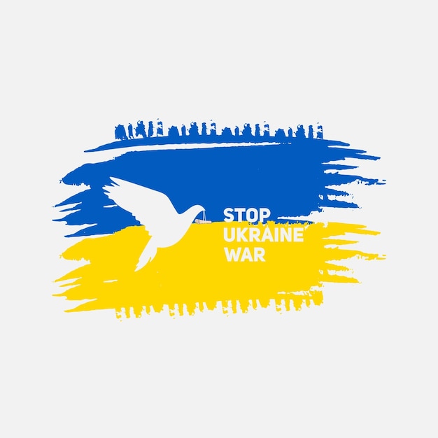 Stoppen sie den ukrainischen kriegstext mit aquarellflagge und taubenvogeldesign