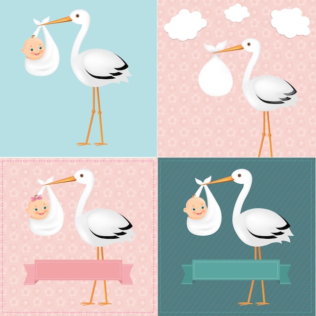 Storch Mit Baby Set Mit Gradient Mesh Illustration