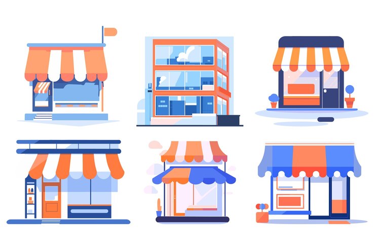 Vektor storefront-fassade für online-shops im ux-ui-flat-stil, isoliert auf dem hintergrund