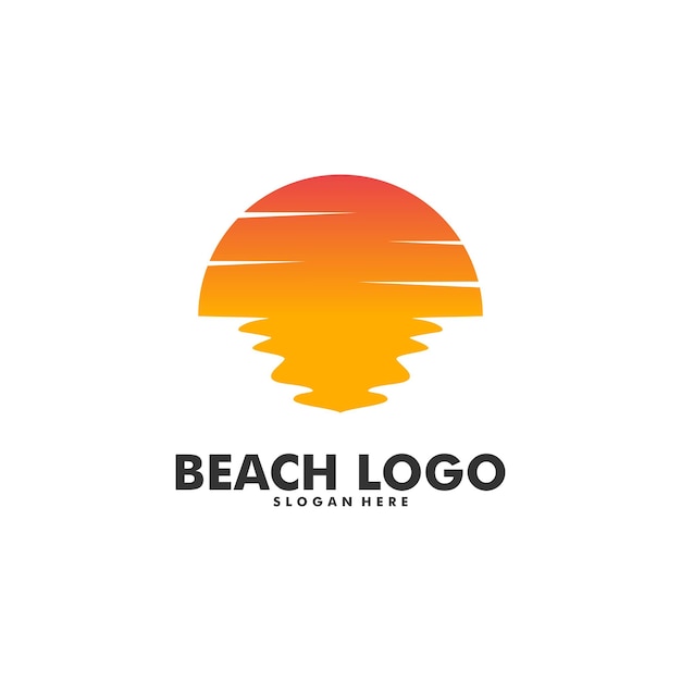 Strand-logo-design-vektor vorlage für strandpalmen und sonnenuntergang