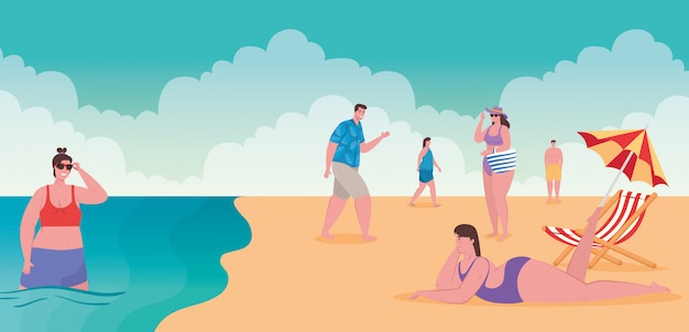 Strand mit menschen, gruppenmenschen am strand, sommerferien und tourismuskonzept
