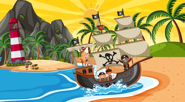 Strand mit Piratenschiff bei Sonnenuntergang im Cartoon-Stil