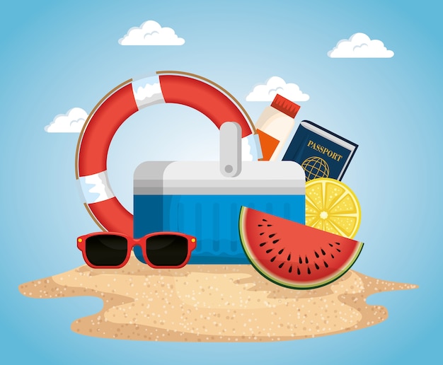 Strand mit sommerferienikonenvektor-illustrationsdesign