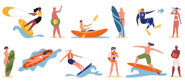 Strand- und wasseraktivitäten menschen, die surfen, tauchen und kanu fahren zeichentrickfiguren, die extreme wasser- oder strandsport-vektorillustrationssätze machen sommerurlaubsaktivität