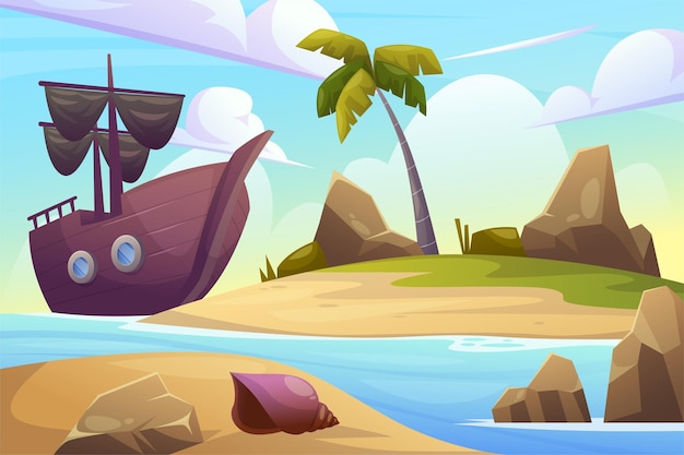 Strandlandschaft für Sommertag-Hintergrundillustration mit Schiffs- und Meeresinsel