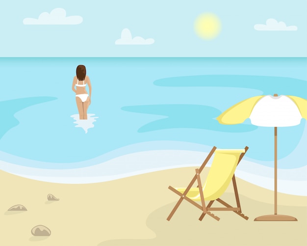Strandlandschaft mit sonnenliege und sonnenschirm. mädchen im badeanzug ist im meer. flache illustration.