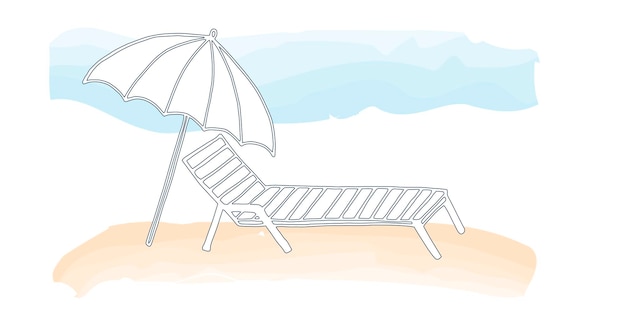 Strandlehne und regenschirm auf dem sand unter blauem himmel abstraktes sommer-hintergrund vektor-doodle illustration von sommerferien entspannung am meer