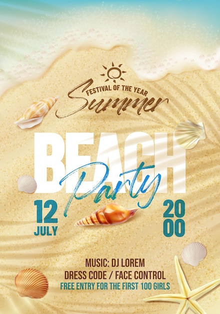 Vektor strandparty-flyer. sandstrand, meeresbrandungswellen