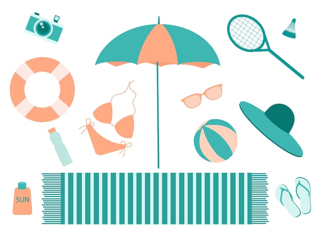 Strandset für Sommerreisen Urlaubszubehör für den Urlaub am Meer Damenartikel Bündel touristische Objekte Regenschirm Flip Flops Hut Brille Kamera