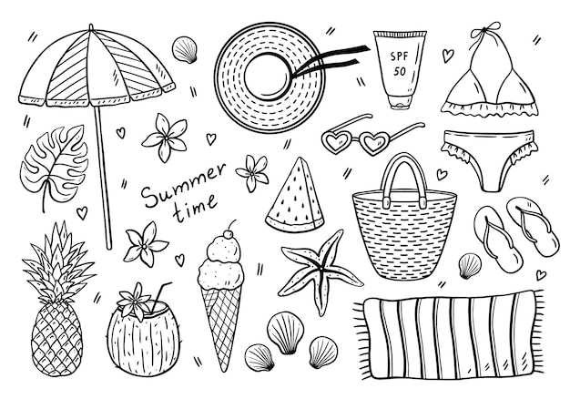 Vektor strandsommer im doodle-stil isoliert auf weiß