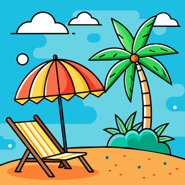 Strandstuhl, Landschaft, Sommerferien, Urlaub, Sessel, Regenschirme, handgezeichnet, flach, stilvoll.