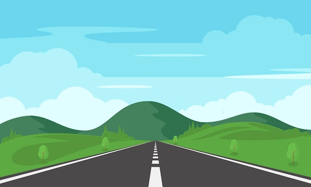 Straße durch Felder und Hügel. Gerade leere Asphaltautobahn.