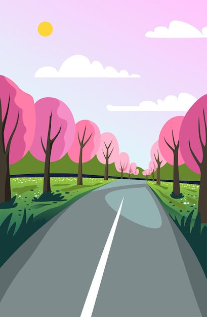 Straßen, die mit rosa Bäumen gesäumt sind