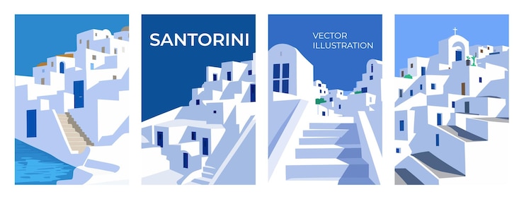 Vektor straßenansicht der traditionellen architektur von santorini griechenland weiße häuser bögen treppen flachstil minimalistisch vertikale orientierung vektorillustration für cover drucke plakate