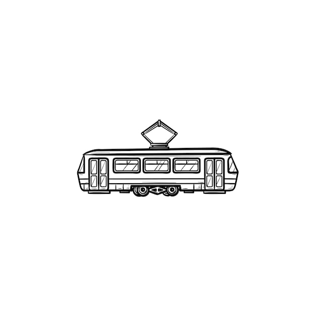 Straßenbahn handsymbol gezeichneten umriss doodle. öpnv, straßenbahn und s-bahn, straßenbahnschienenkonzept