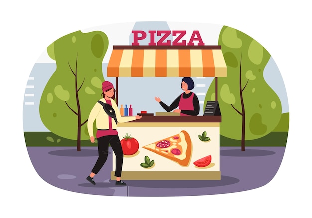 Straßenmarkt kiosk, der pizza verkauft vektor-illustration