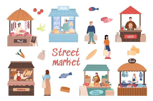 Straßenmarkt-set mit cartoon-vektorillustration lokaler landwirte isoliert