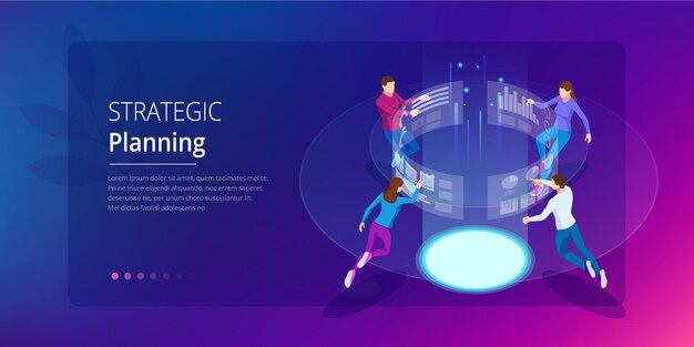 Strategische Unternehmensplanung. Isometrisches Business Data Analytics-Prozessmanagement oder Intelligence-Dashboard auf dem virtuellen Bildschirm. Vorlage für Website, Zielseite.