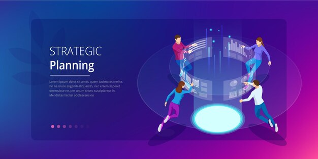 Strategische unternehmensplanung. isometrisches business data analytics-prozessmanagement oder intelligence-dashboard auf dem virtuellen bildschirm. vorlage für website, zielseite.