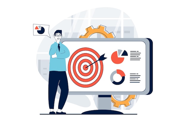 Strategisches Planungskonzept mit Menschen-Szene in flachem Design für das Web Mann generiert Ideen, richtet und erstellt Prozessvisuelles Schema Vektorillustration für soziale Medien Banner Marketingmaterial