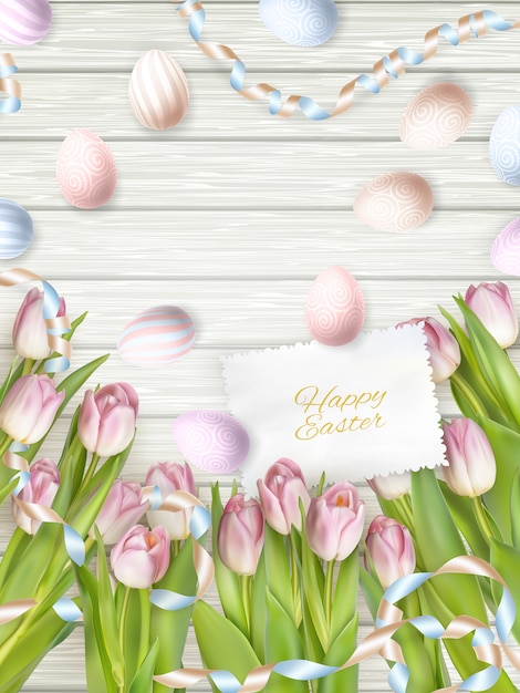 Strauß Tulpe mit Ostereiern auf Holzhintergrund.