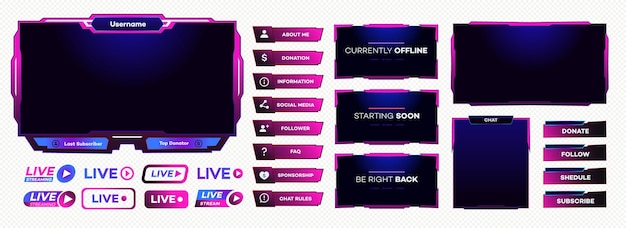 Streaming-Bildschirm-Panel-Overlay-Spielvorlage, Neon-Thema, Live-Video-Online-Stream, futuristischer Technologiestil, abstrakte digitale Benutzeroberfläche, Live-Streaming-Schaltfläche, Vektor 10 eps
