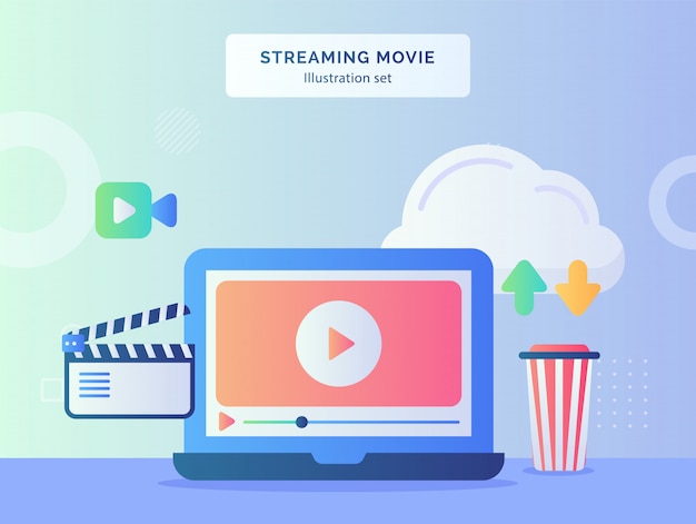 Streaming film illustration set wiedergabe video in der nähe kamera film symbol cloud upload download mit flachen stil