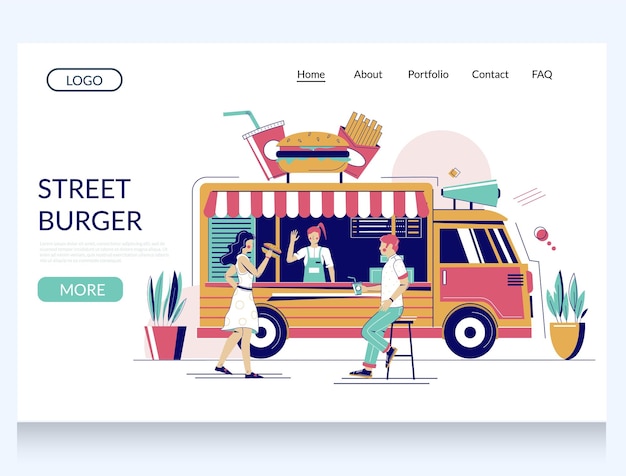 Street Burger Vector Website Vorlage Webseite und Landing Page Design für Website und mobile Website Entwicklung Fastfood Truck mit Big Burger auf dem Dach Street Food Van