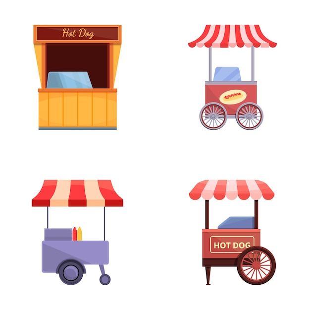 Street Food Icons Set Cartoon Vector Hot Dog Street Food Cart (Straßen-Food-Wagen mit Hot-Dog-Ikonen)