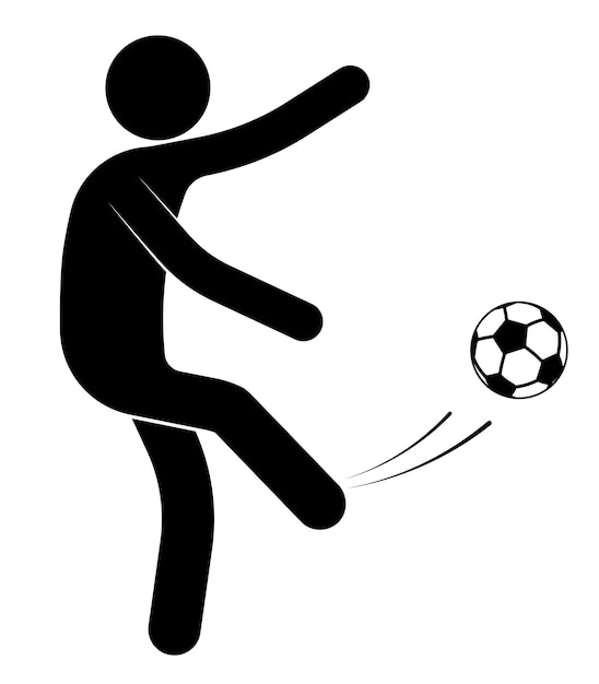 Vektor strichmännchen-mann spielt fußball und kickt den ball. mannschaftssportarten. isolierter vektor auf weißem hintergrund