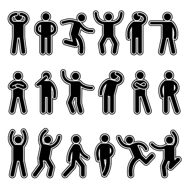 Strichmännchen. menschliche silhouetten-piktogramm-aktion stellt verschiedene ausdrucksdialoge dar, die stehende und laufende mannvektorsymbole darstellen. abbildung silhouette menschlicher stock, mannhaltung