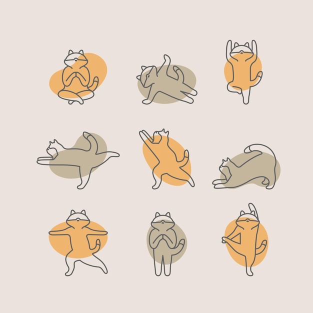 Vektor strichzeichnungen einer katze, die yoga-posen macht, clipart-sammlung