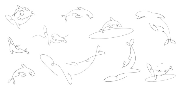 Strichzeichnungen, Tattoo-Illustrationen von Orcas (auch Killerwale genannt), Walen