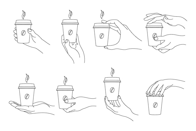 Strichzeichnungen, verschiedene handgesten mit einem glas kaffee. designelemente, symbole, vorlagen, vektor
