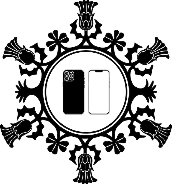 Strichzeichnungs-smartphone-logo mit handgefertigtem silhouettenmodell mit floralem rahmen 1